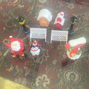 Festive Holiday Miniature village Set Santa & sleigh. Lampposts. Penguin etc.